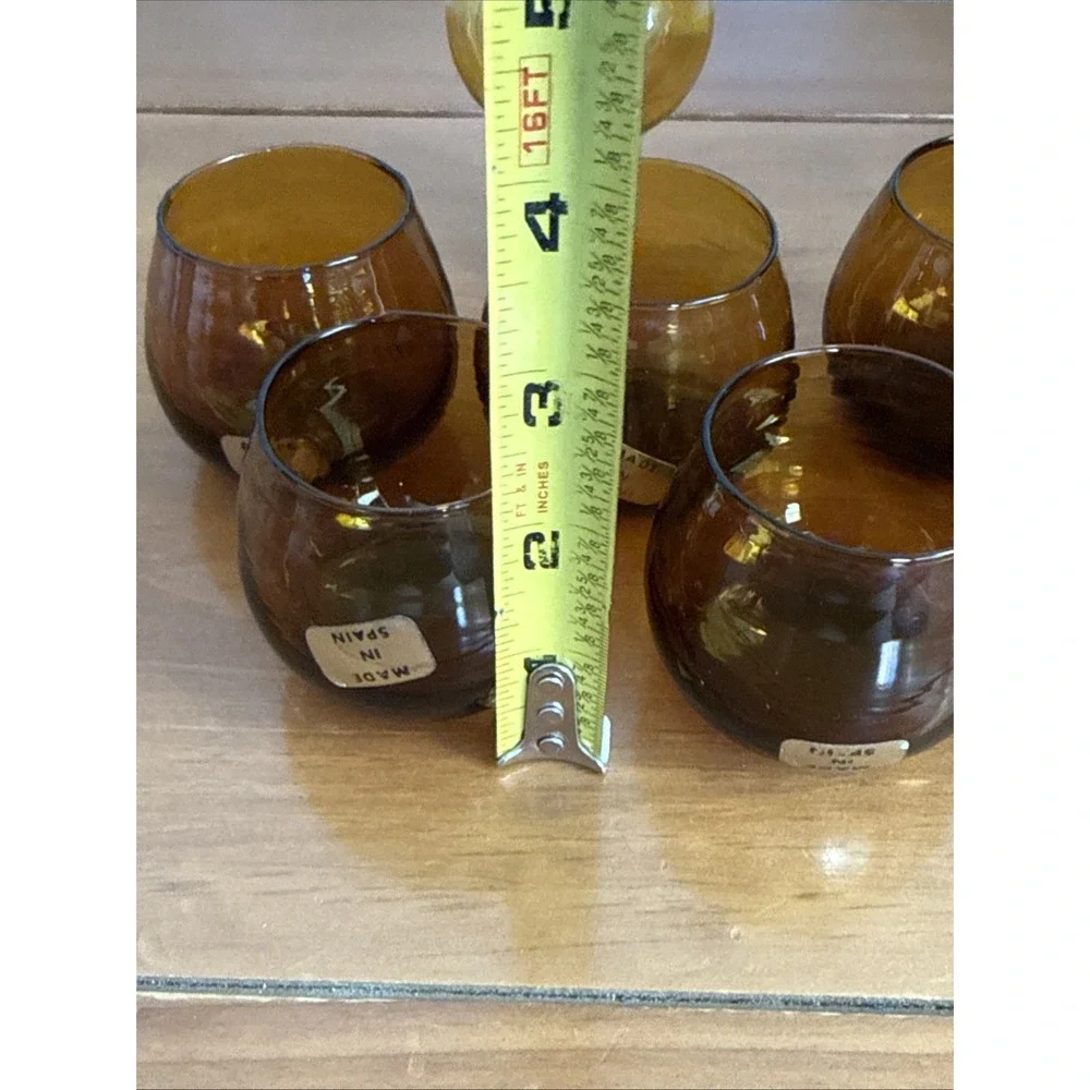 Vtg MCM Spanish Glass Decanter 6 Roly Poly Tumblers Cordial Set Rosettes Amber‎
